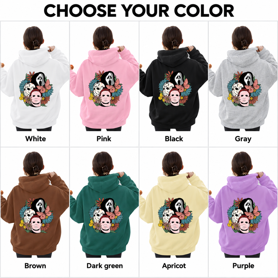 Color collage of the graphic pullover in White, Pink, Black, Gray, Brown, Dark green, Apricot and Purple showing back prints.