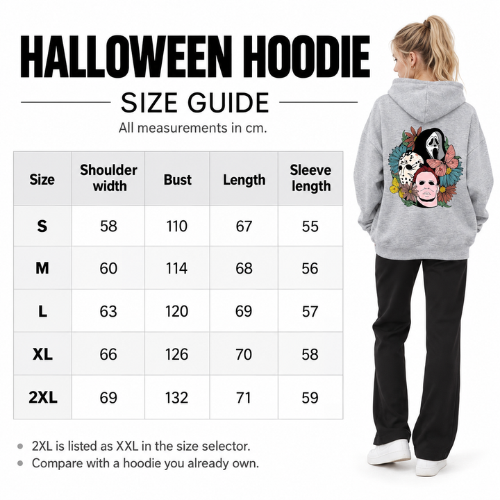 Graphic hoodie size chart with shoulder, bust, length and sleeve measurements in cm, with a full-body female model rear view.
