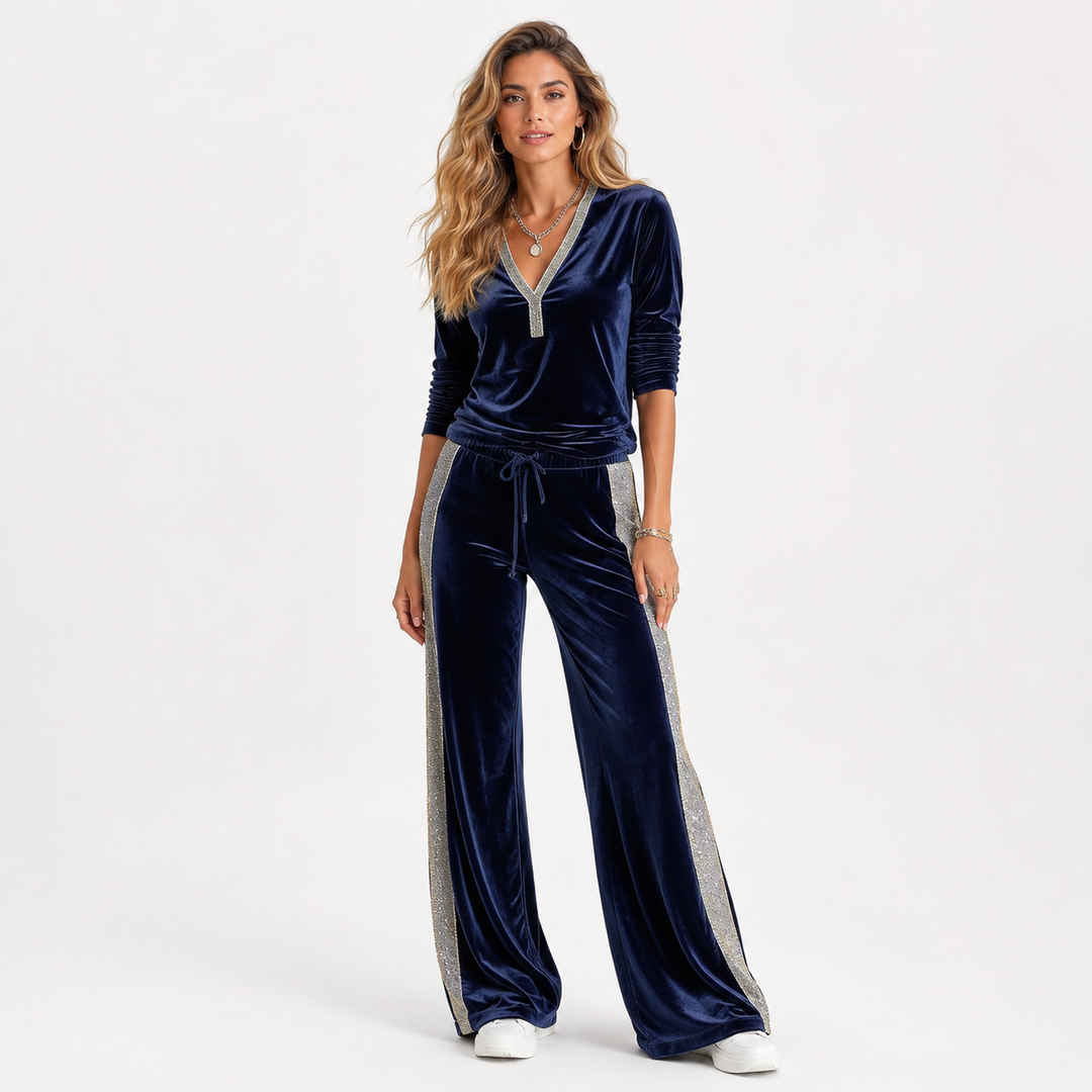 Women's high-end velvet casual suit in navy blue - studio model