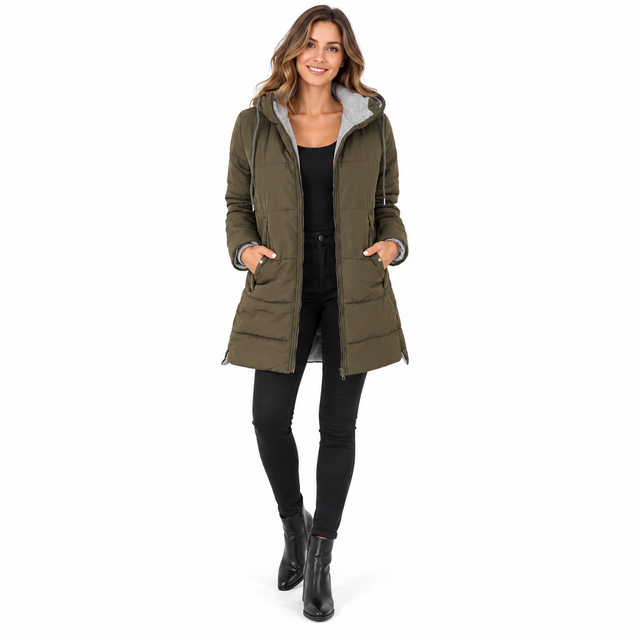 Women's hooded jacket in Army Green on a full-body adult model showing zip front and flap pockets against a white background.