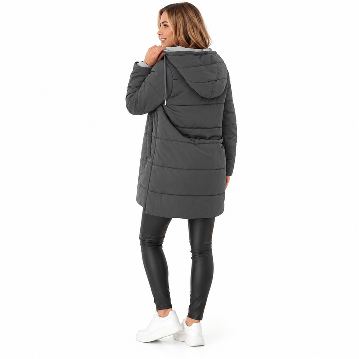 Dark Gray hooded jacket on a full-body adult model in a rear three-quarter view, showing hood and horizontal stitched panels.