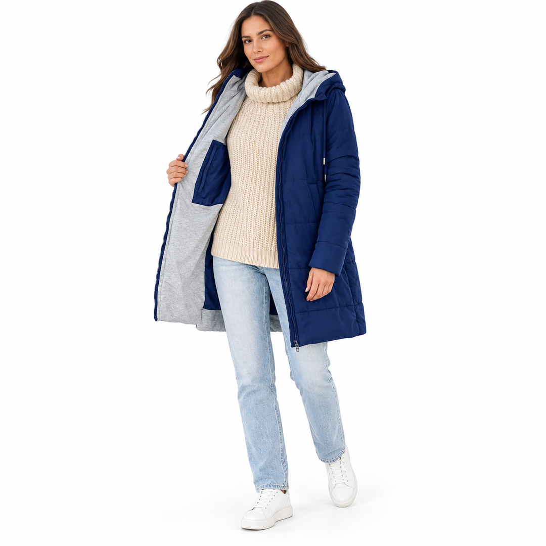 Blue hooded jacket on a full-body adult model in cream knit and light jeans, shown open in a front three-quarter studio view.