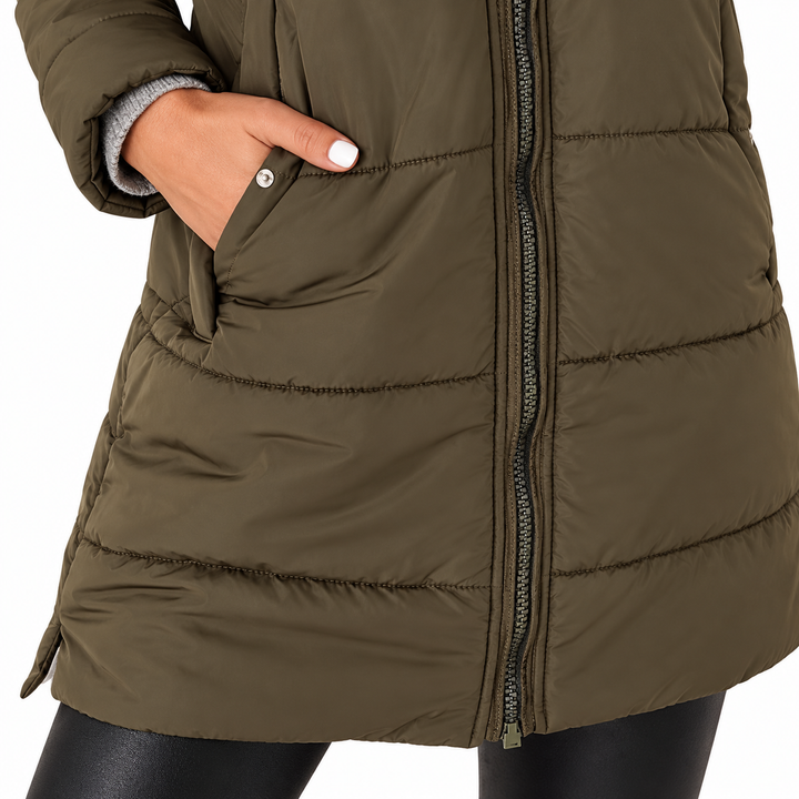 Army Green jacket close-up showing horizontal stitching, front zipper, and a snap flap pocket with the model&
