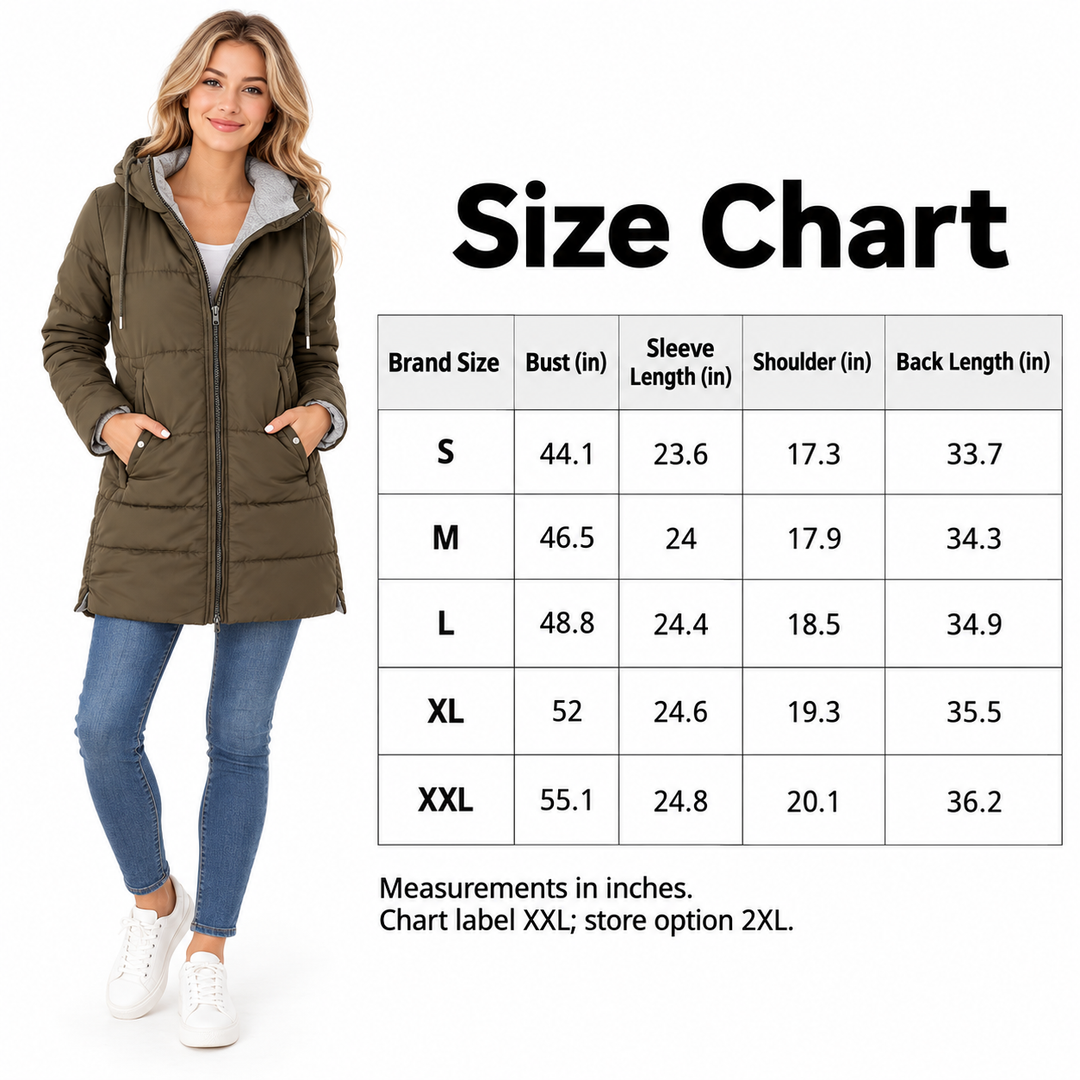 Size chart in inches, S to XXL with bust, sleeve, shoulder and back length measurements with a model in an Army Green jacket.