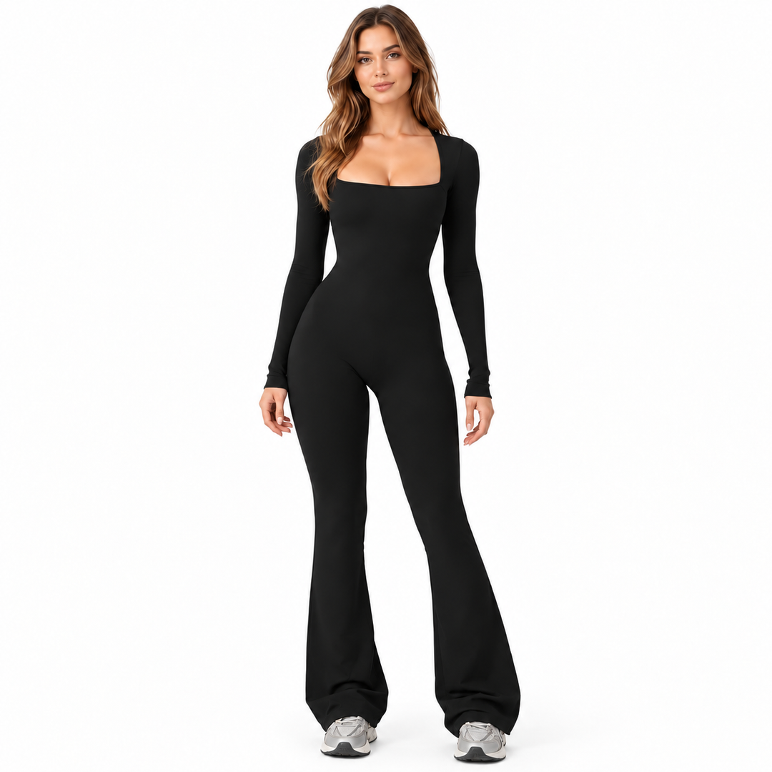 Black long sleeve jumpsuit on a full-length model