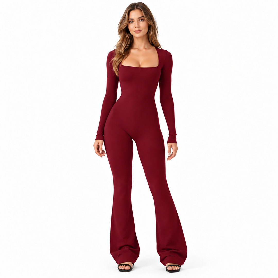 Wine red long sleeve jumpsuit shown full length on a white background