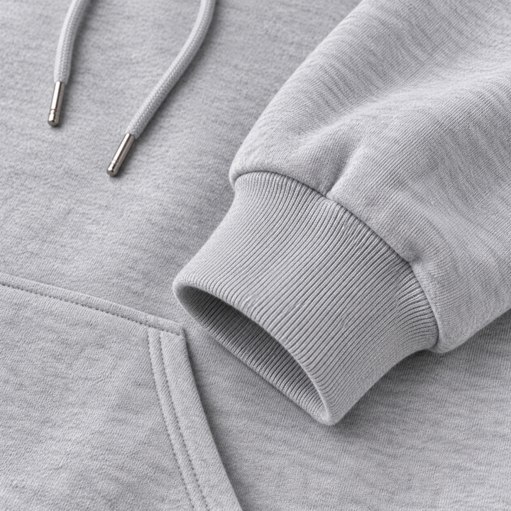 Grey hoodie close-up showing cuff, seam, drawstrings and kangaroo pocket construction