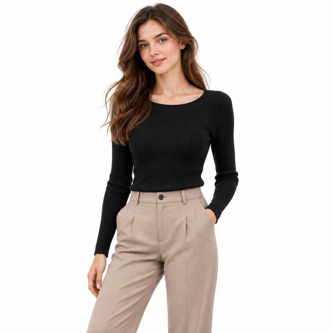 Black ribbed knit top closer model view showing the round neckline and fitted long sleeves.