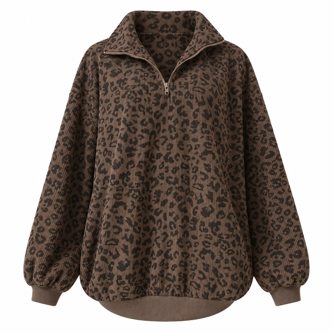 Coffee-brown leopard print pullover with a quarter zip, turned collar and ribbed hem, front view
