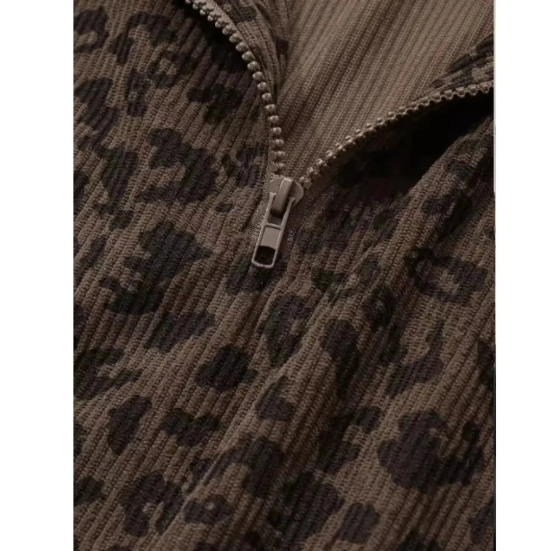 Close-up of the coffee-brown leopard pullover&