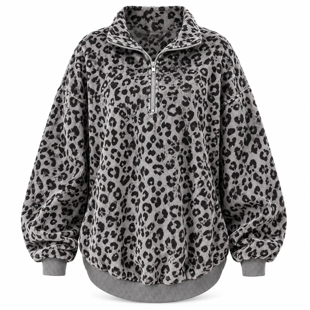 Gray leopard print quarter zip pullover with turned collar and ribbed hem, front view