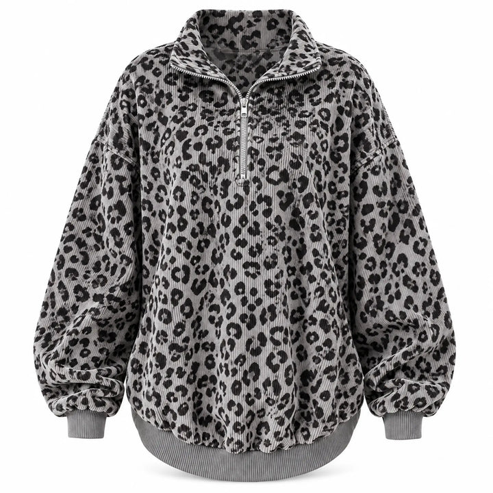 Gray leopard print quarter zip pullover with turned collar and ribbed hem, front view