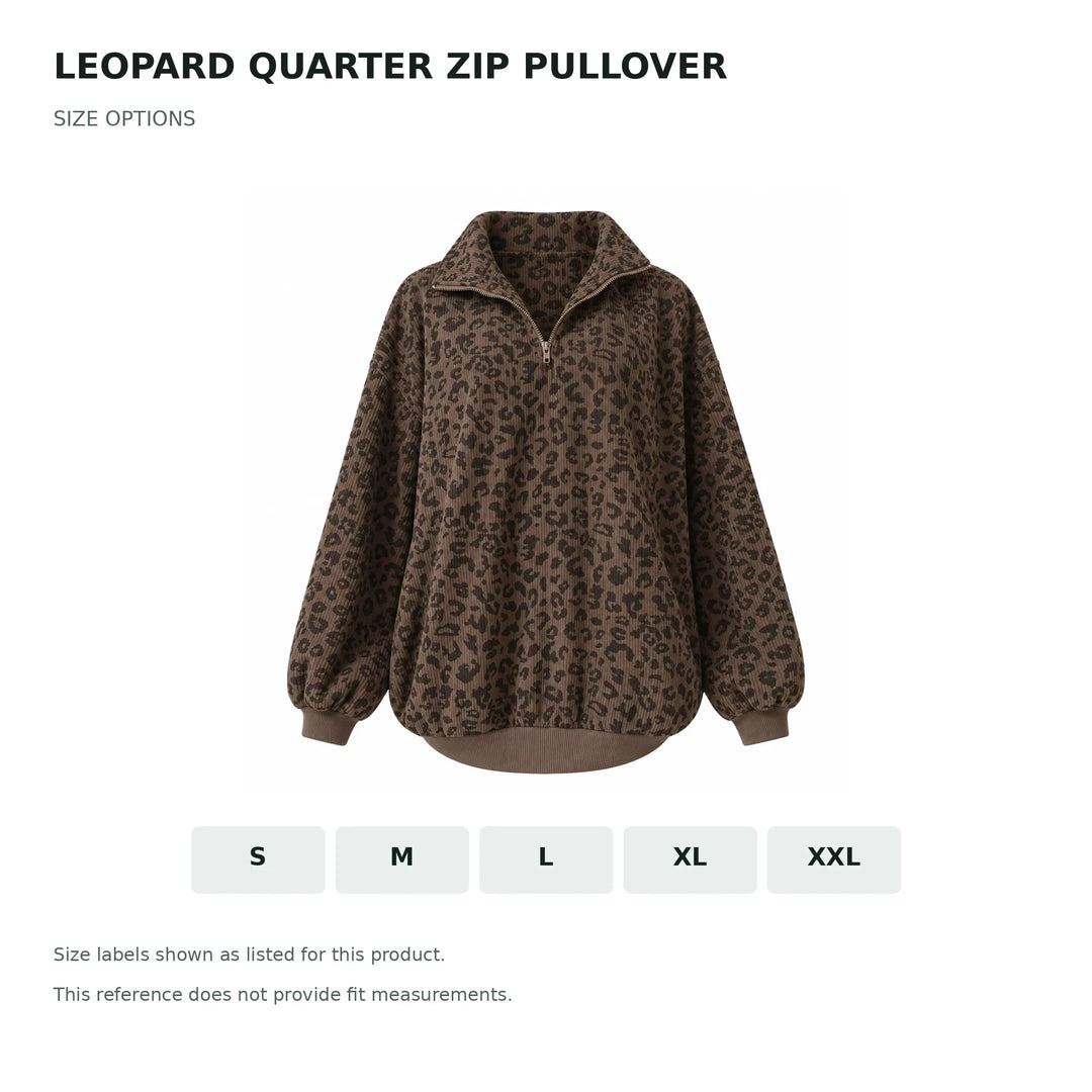 Leopard quarter zip pullover reference showing size labels S, M, L, XL and XXL; no measurements