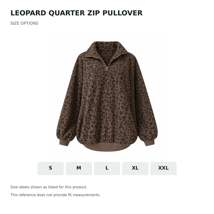 Leopard quarter zip pullover reference showing size labels S, M, L, XL and XXL; no measurements