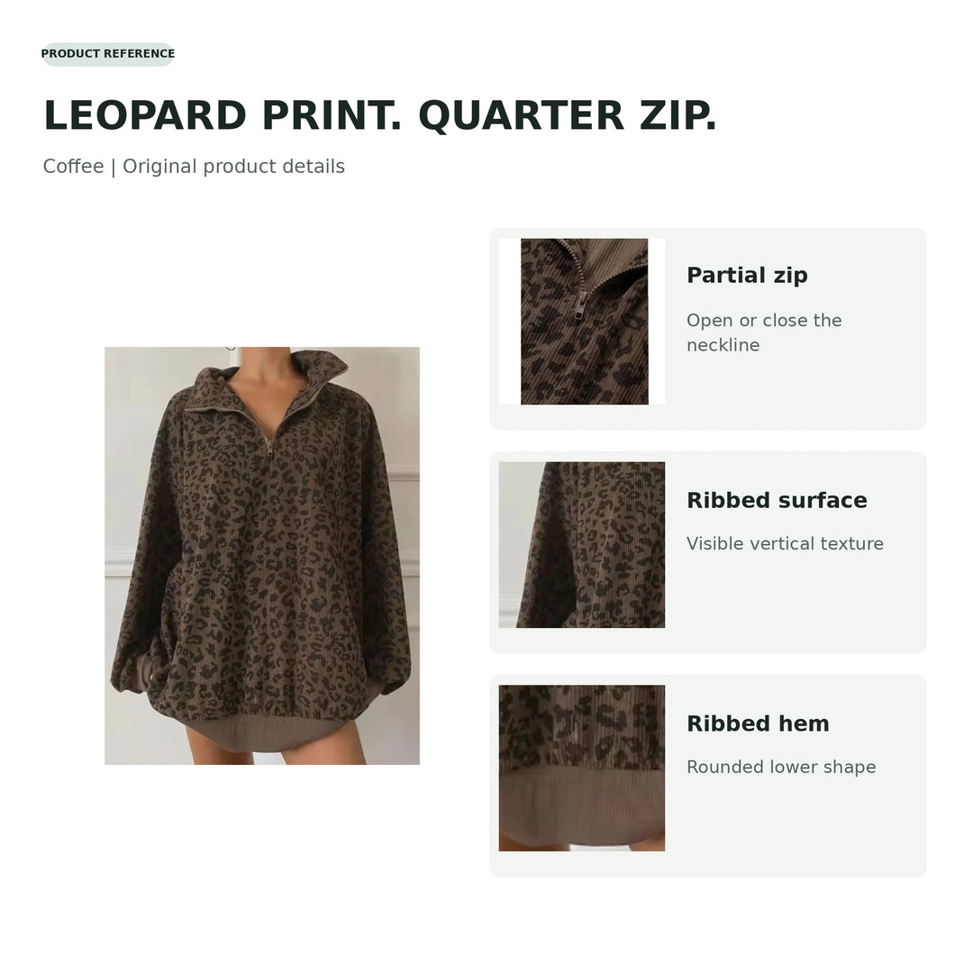 Coffee-brown leopard pullover with close-ups of the quarter zip, ribbed surface and hem