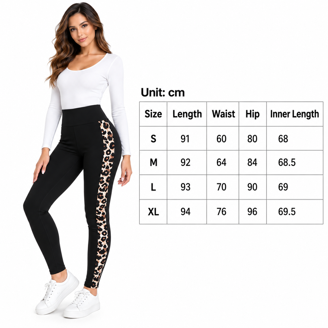 Size chart for black leopard-panel leggings, sizes S to XL in centimeters