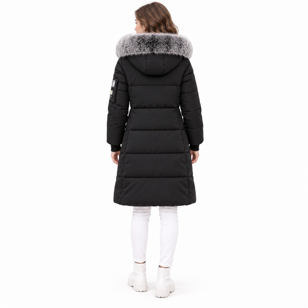Black long puffer coat on model, full back view