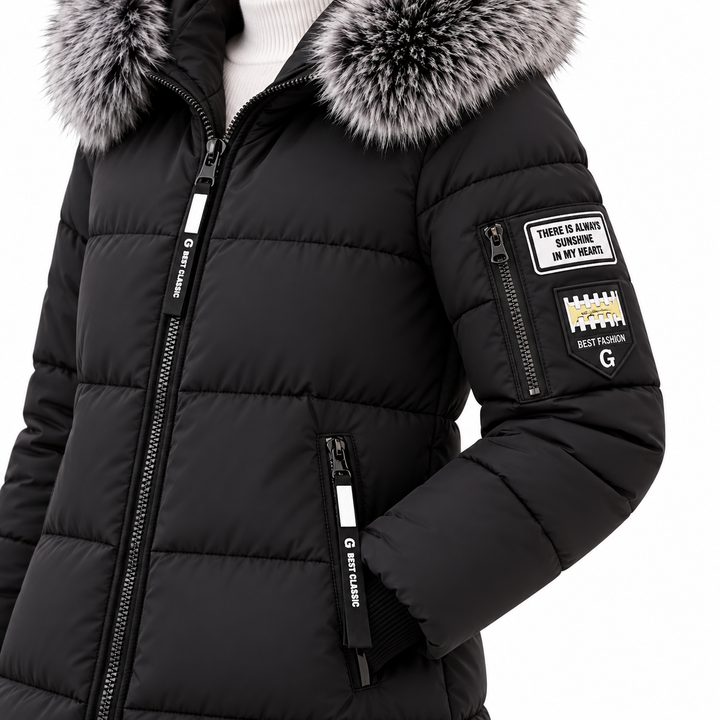 Black puffer coat close-up showing fur collar, sleeve patch and zip pockets