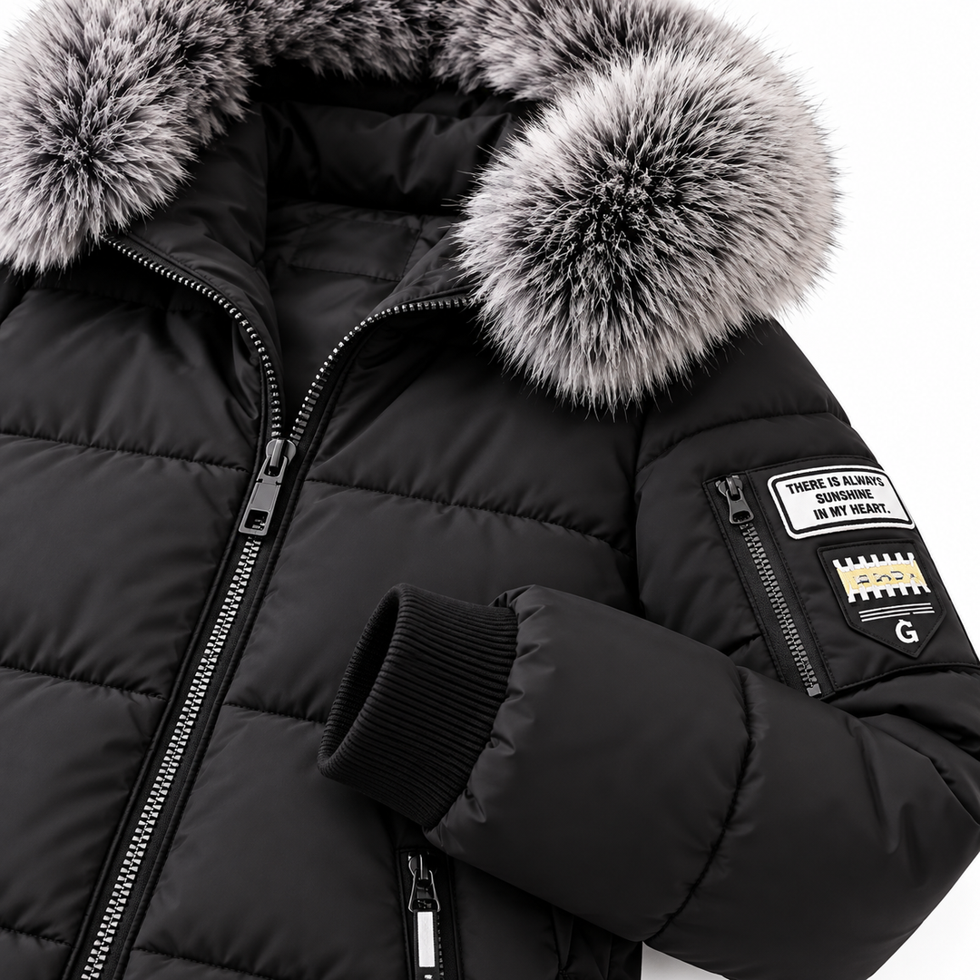 Black puffer coat detail showing hood lining, zipper and fur collar