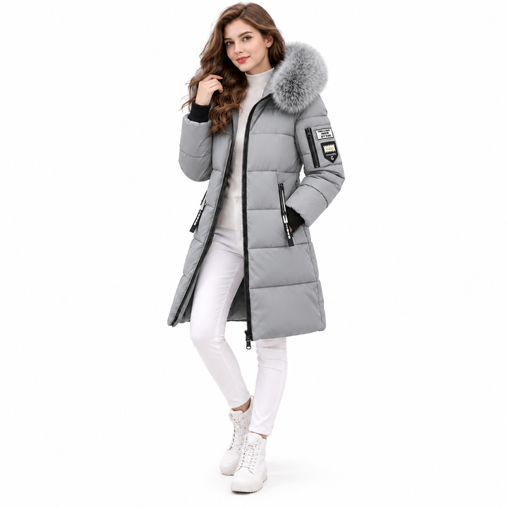 Light gray long puffer coat full model view with zip front