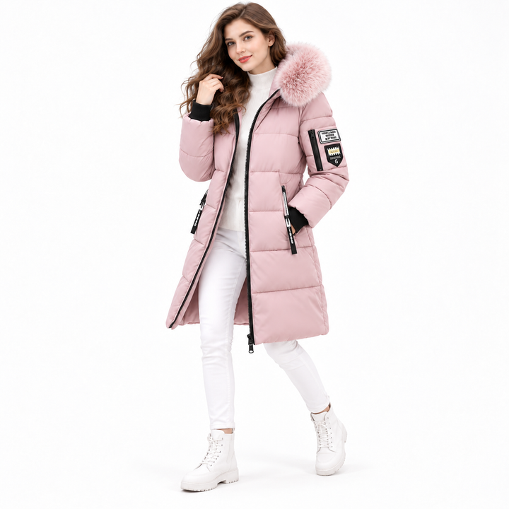 Pink long puffer coat with fur-trim hood and zip pockets