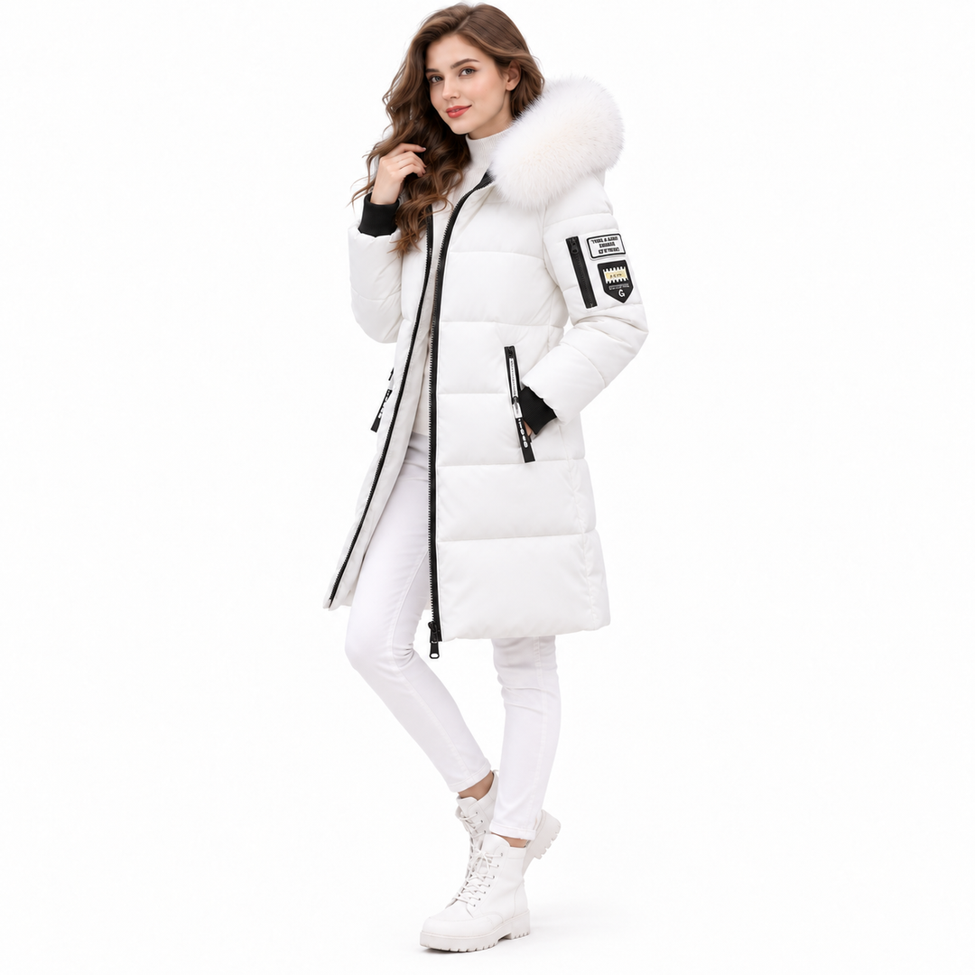 White long puffer coat with fur-trim hood on model