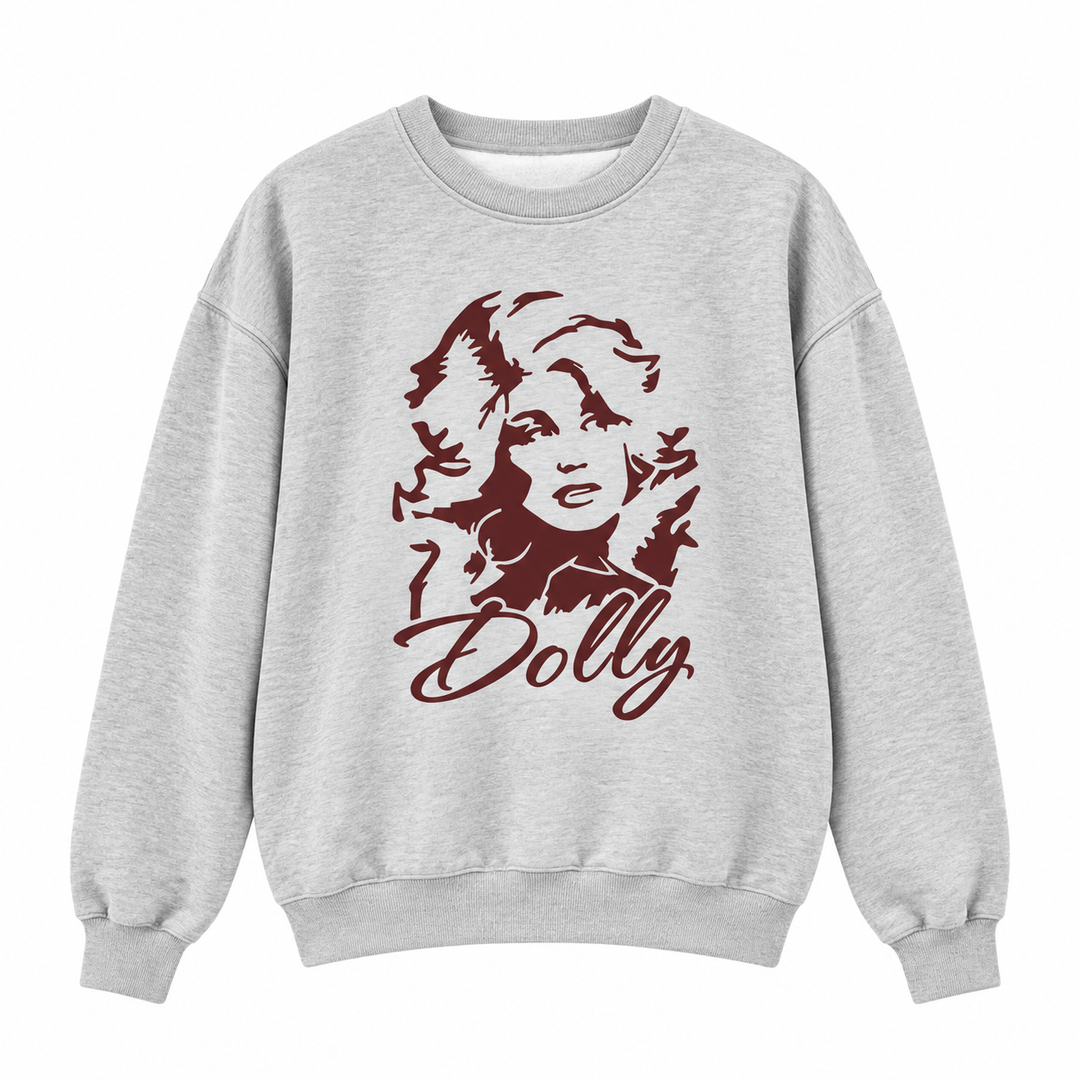 Heather gray printed sweatshirt front product view with Dolly graphic
