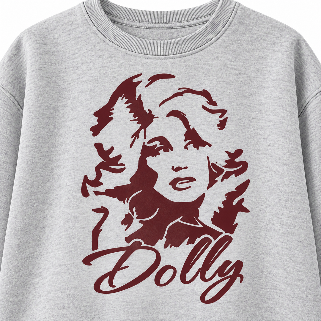 Close-up of Dolly front graphic on heather gray sweatshirt