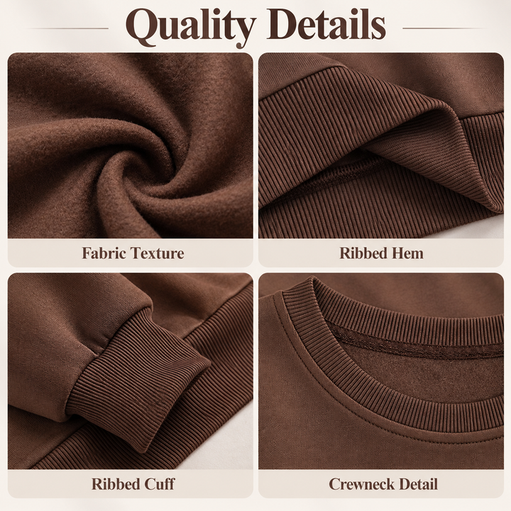 Coffee brown sweatshirt quality detail collage with fabric, cuff, hem and crewneck