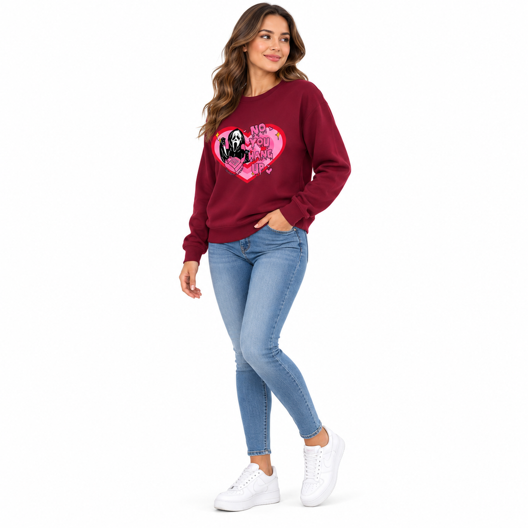 Burgundy love print sweatshirt on full-body model, three-quarter view