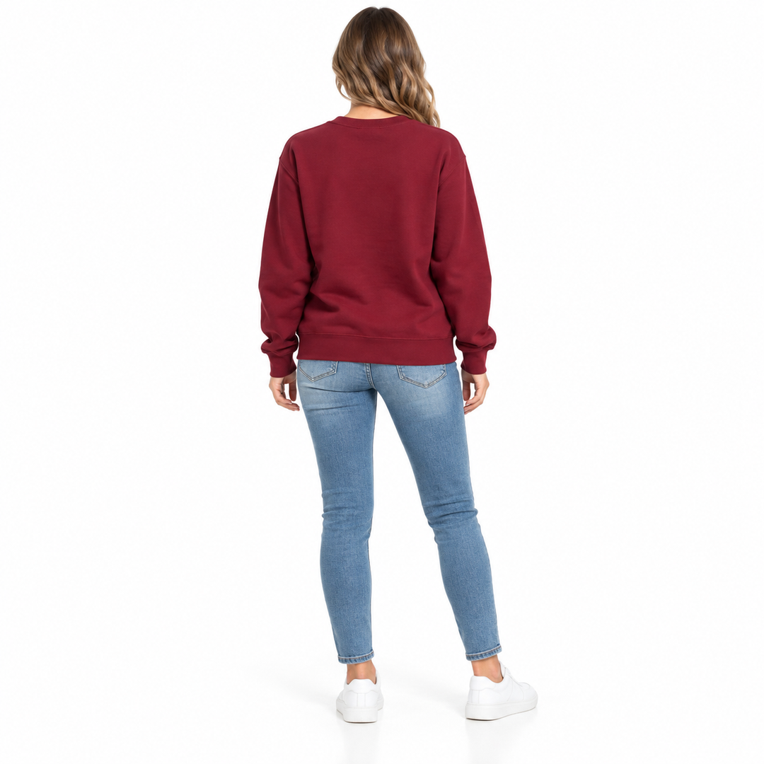 Burgundy love print sweatshirt on full-body model, back view