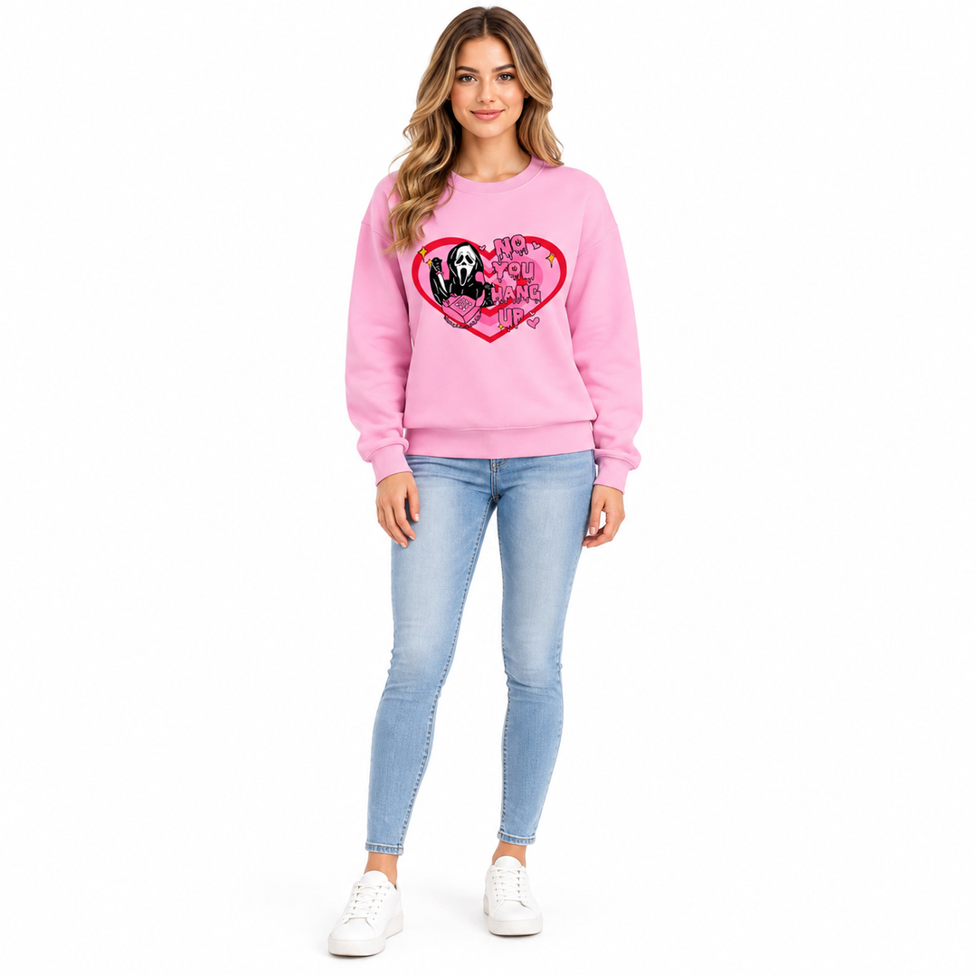 Pink love print sweatshirt on full-body model, front view