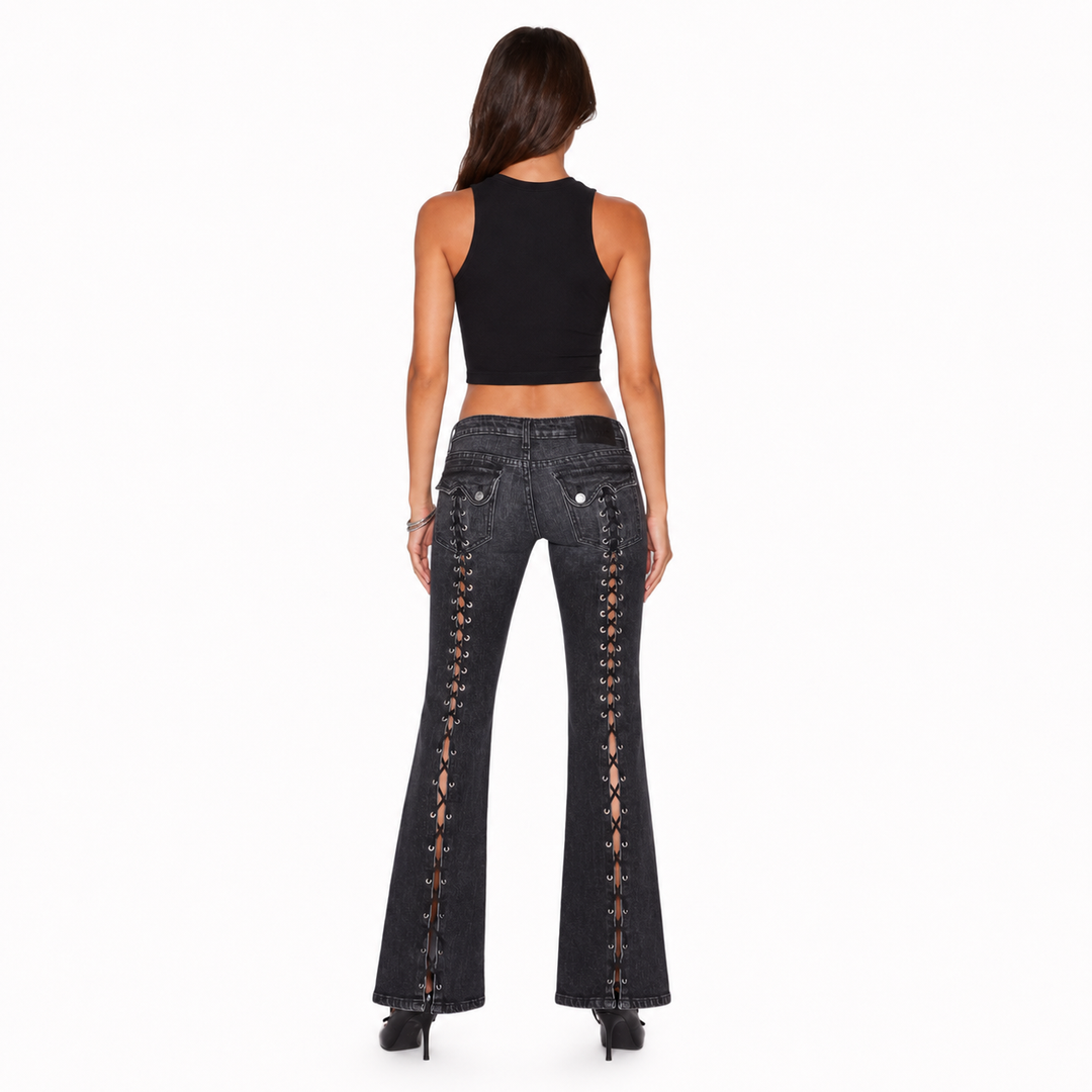 Retro Black bootcut jeans full back view on female model showing water-washed denim finish and rear construction studio view.
