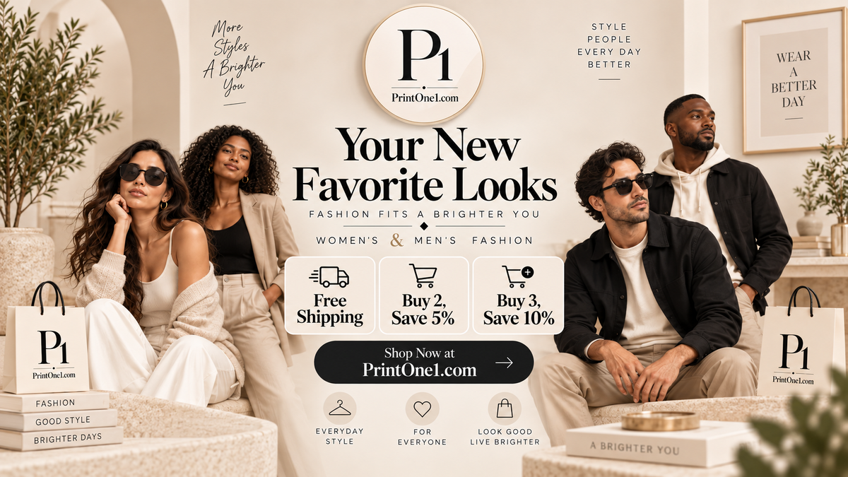 Women's and men's fashion in neutral tones, with four models showcasing everyday outfits at PrintOne1.