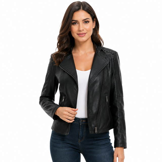 Women's black PU moto jacket on female model with lapel collar, zip pockets, long sleeves and shoulder lace-up detailing.