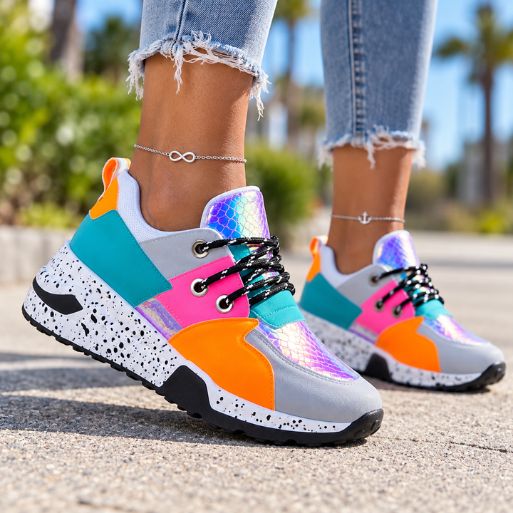 Multicolor wedge sneakers with patterned platform sole