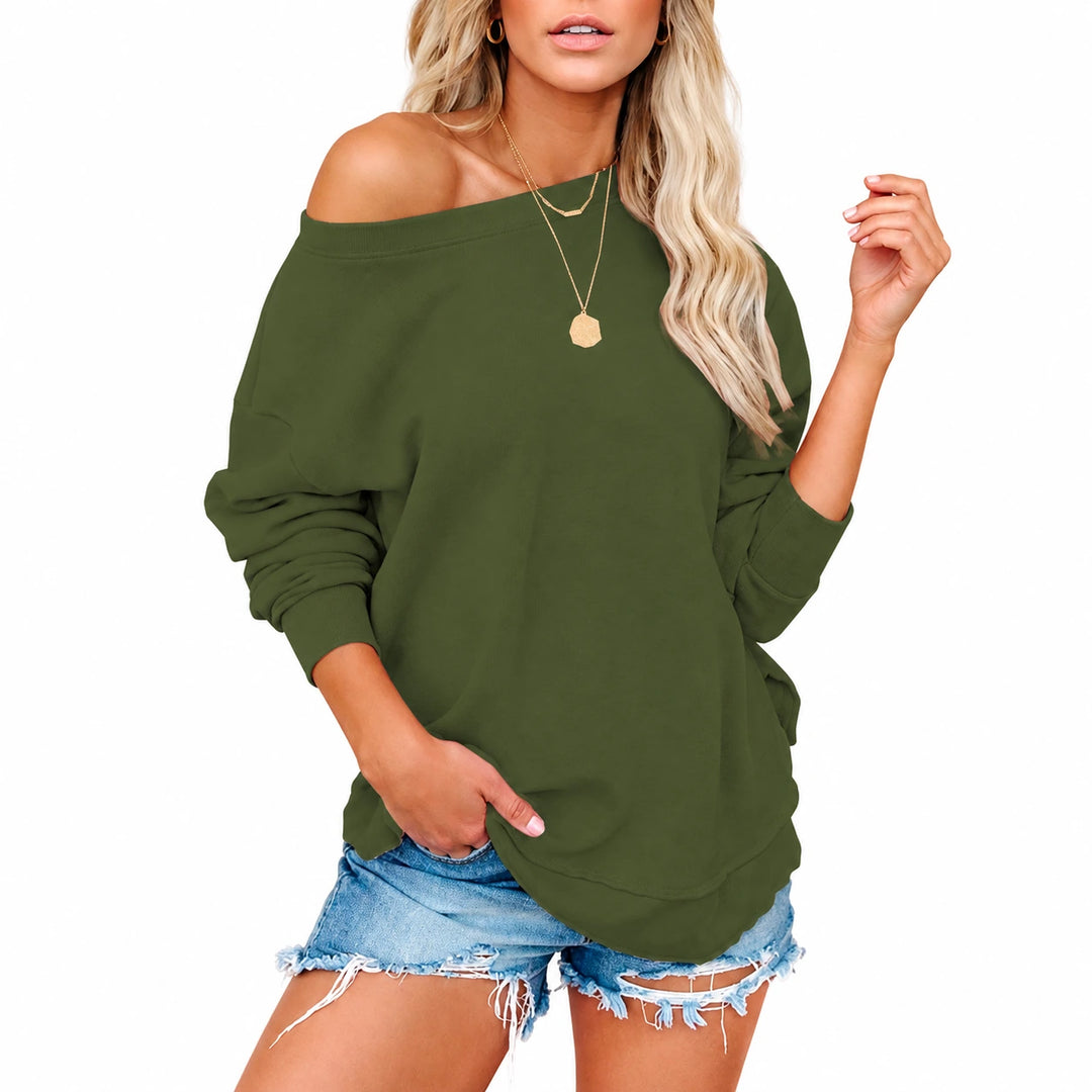 Off-Shoulder Pullover in the Army Green option on a model against a white background