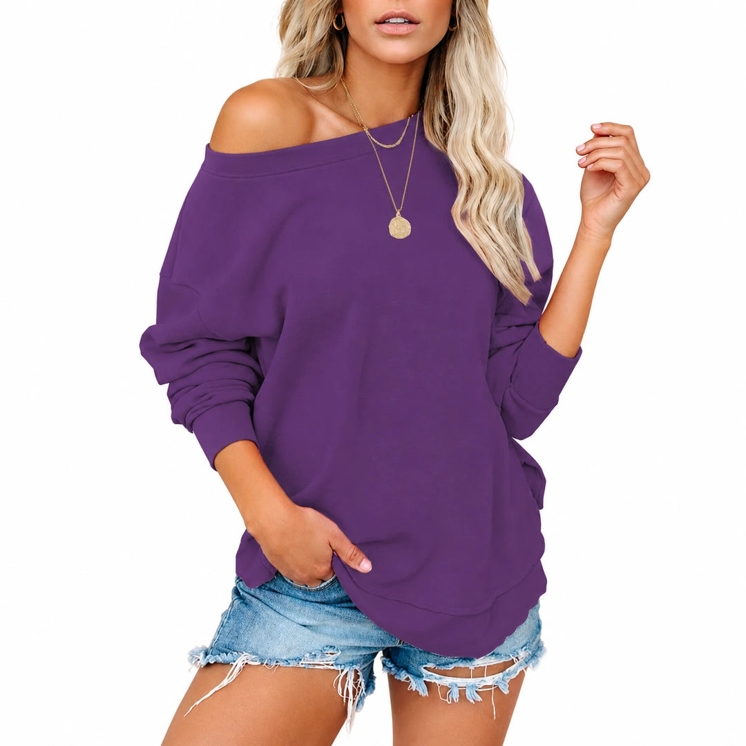 Off-Shoulder Pullover in the Purple option on a model against a white background