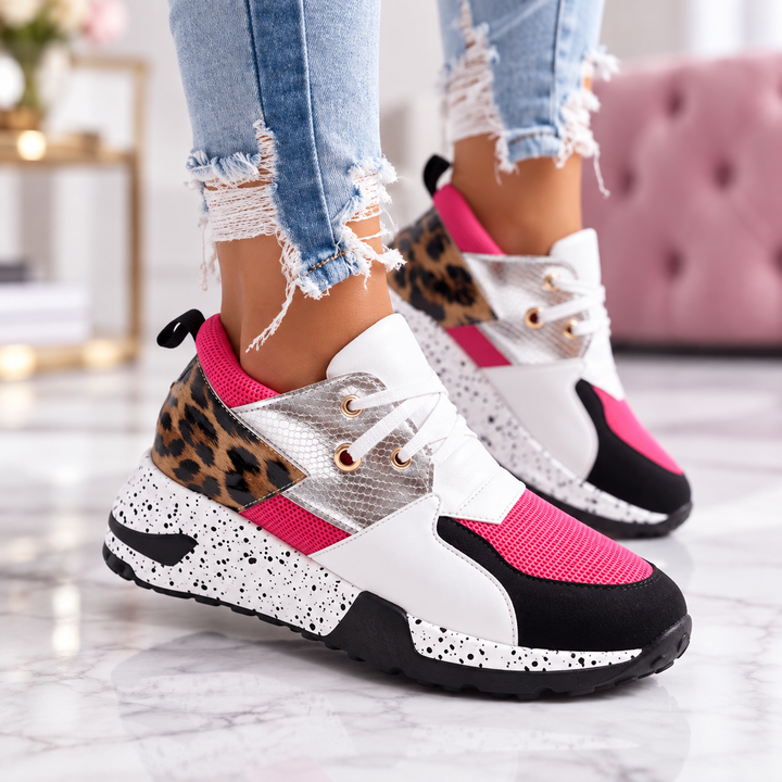 Pink and white sneakers with leopard pattern heel