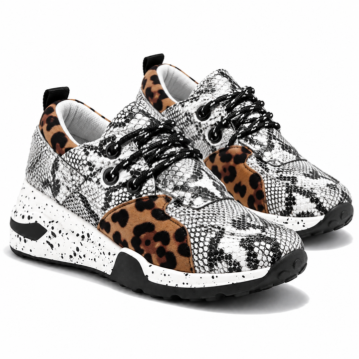 Snakeskin and leopard print platform sneakers on white