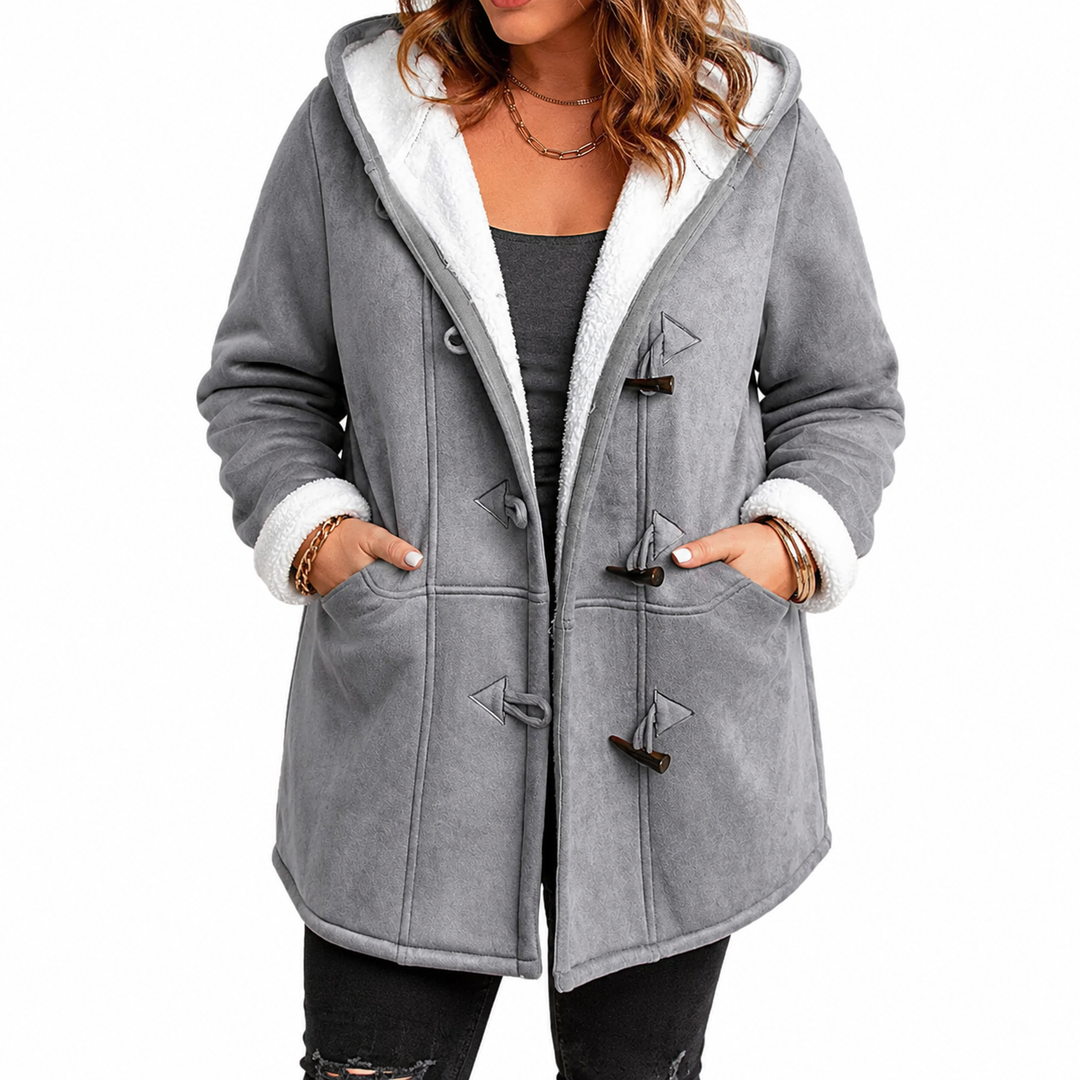 Women's plus size sherpa jacket in grey, front studio view with hood, white lining and toggle closures on a white background