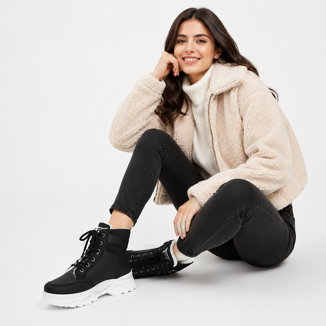 Women's plush-lined lace-up winter boots in Black - campaign model view
