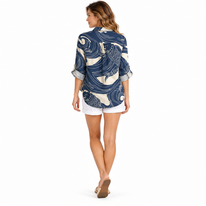 Navy fish and wave printed blouse on full-body model, back view
