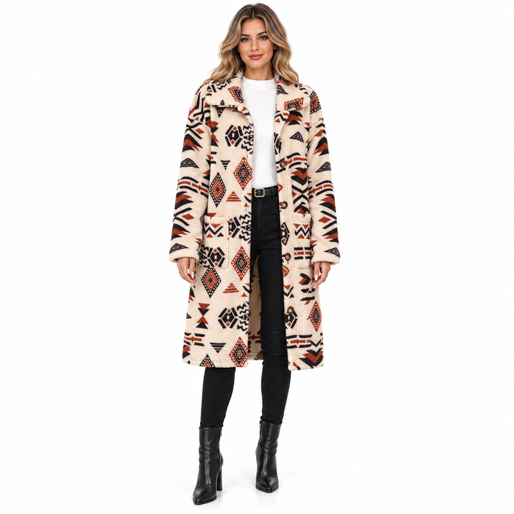 Front view of the Apricot geometric coat worn open over a white top and black trousers.