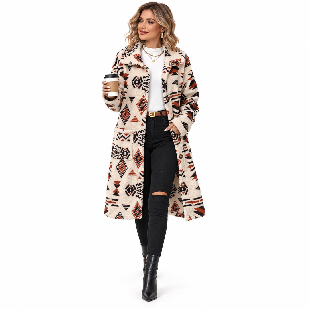 Model walking in the Apricot patterned coat with a takeaway cup on a white background.