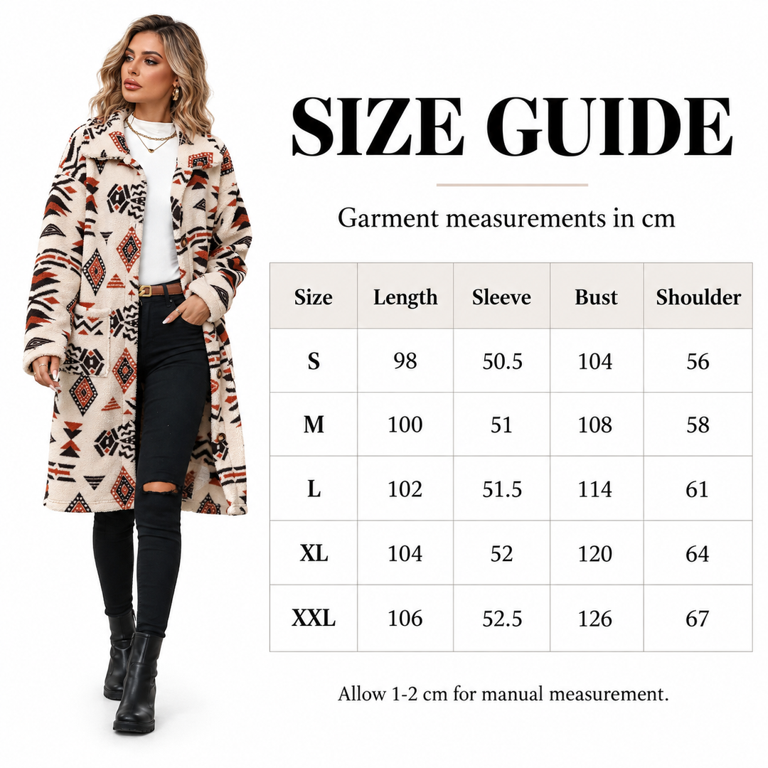 Coat size chart in centimeters for S to XXL, with length, sleeve, bust and shoulder measurements.