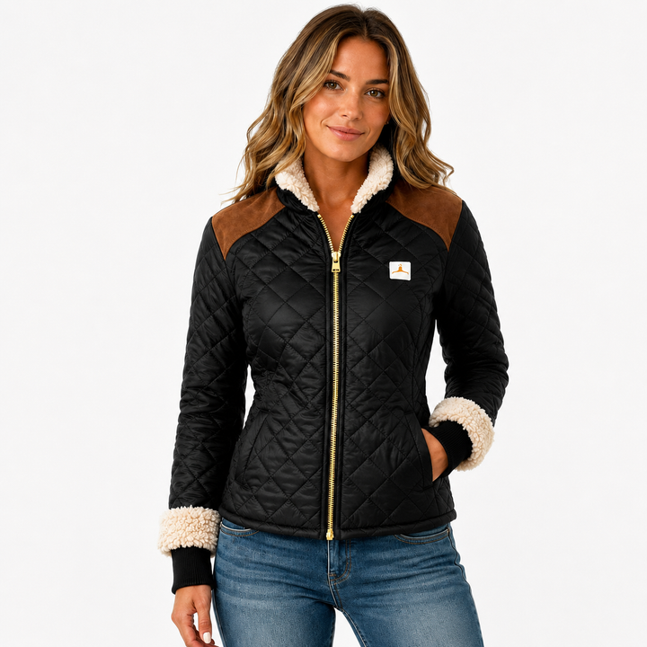Black quilted jacket on a model showing verified black, brown and cream color-blocked design with central front zipper detail