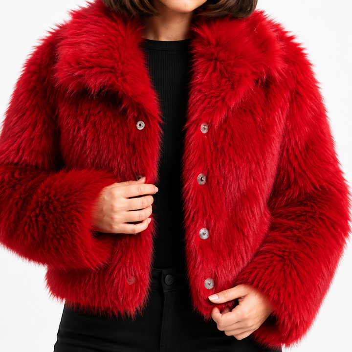 Red cropped faux fur jacket close-up showing metal snap-button closure, wide collar, red fibers and cropped hem construction.
