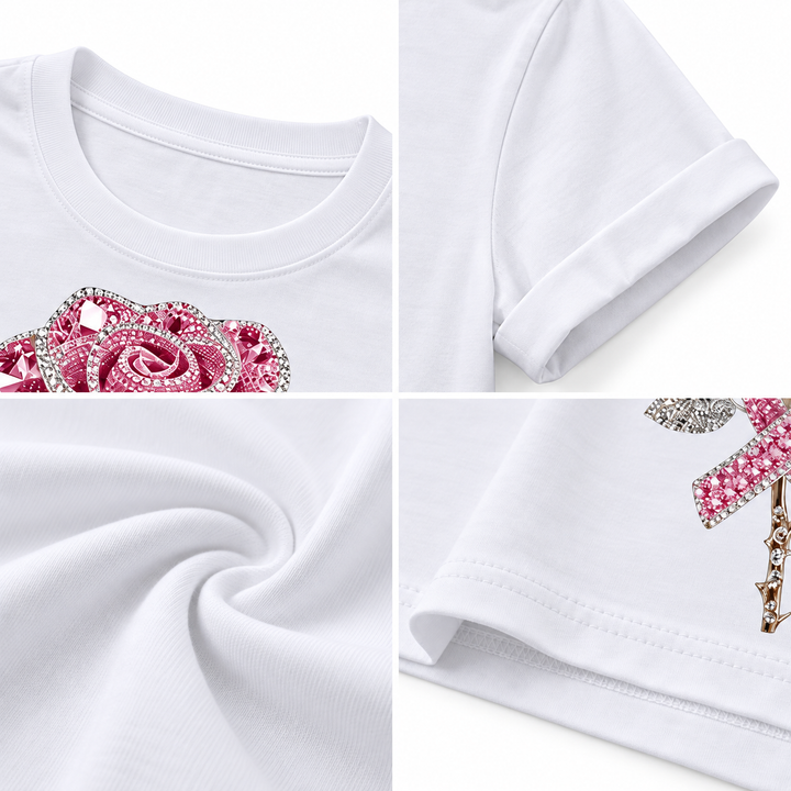 White rose graphic T-shirt neckline sleeve and hem details