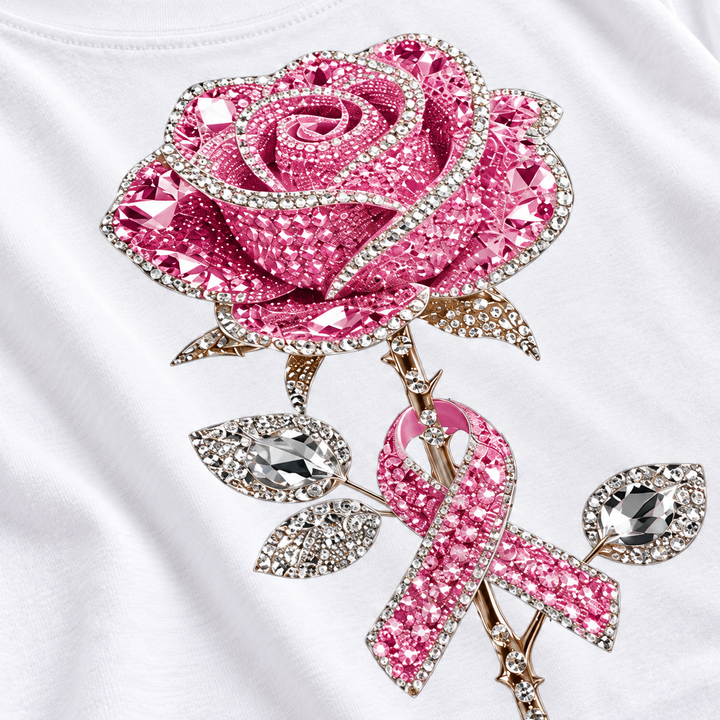 Close-up of pink rose and ribbon graphic on white T-shirt